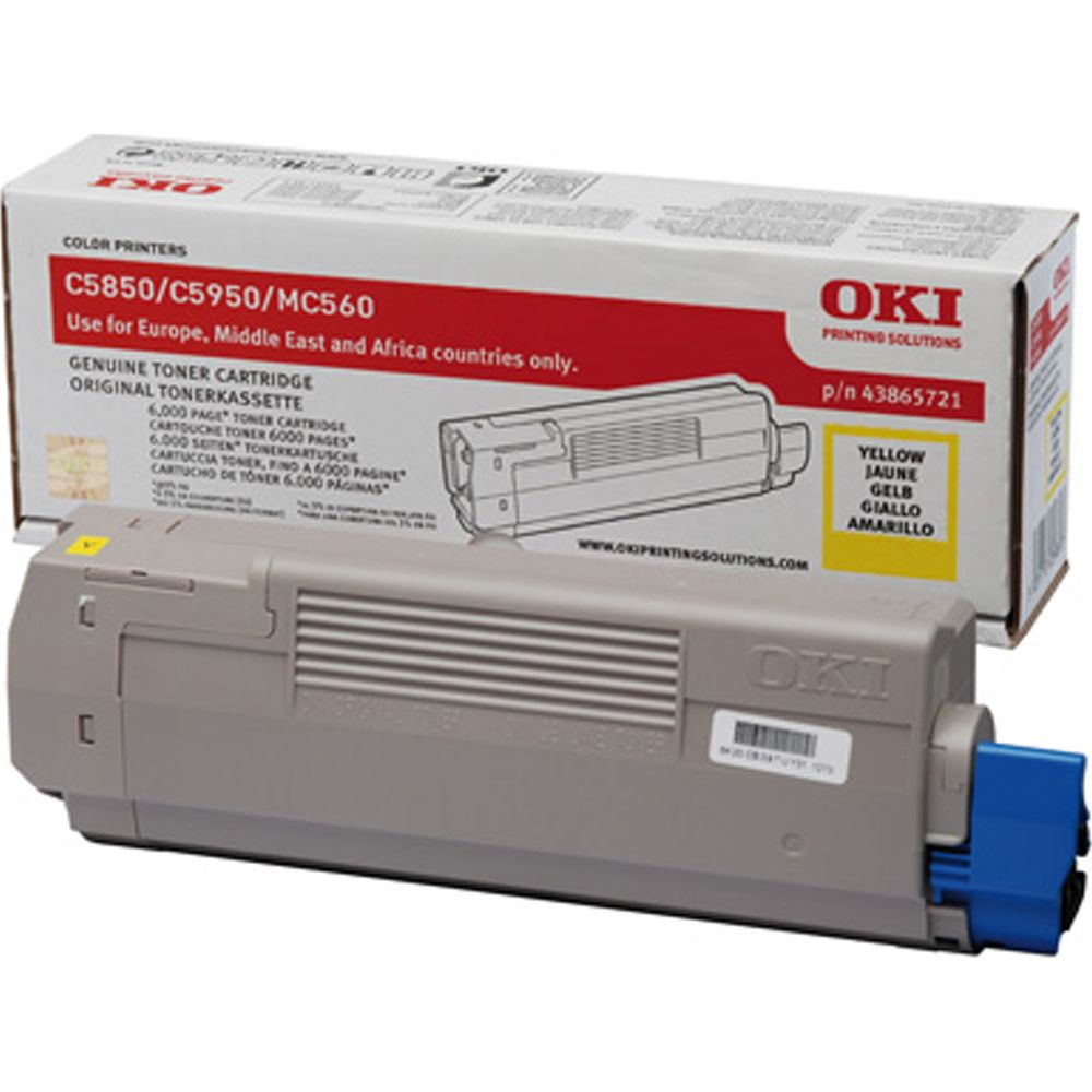 Een gele OKI-toner cartridge met blauwe connector, naast de doos.