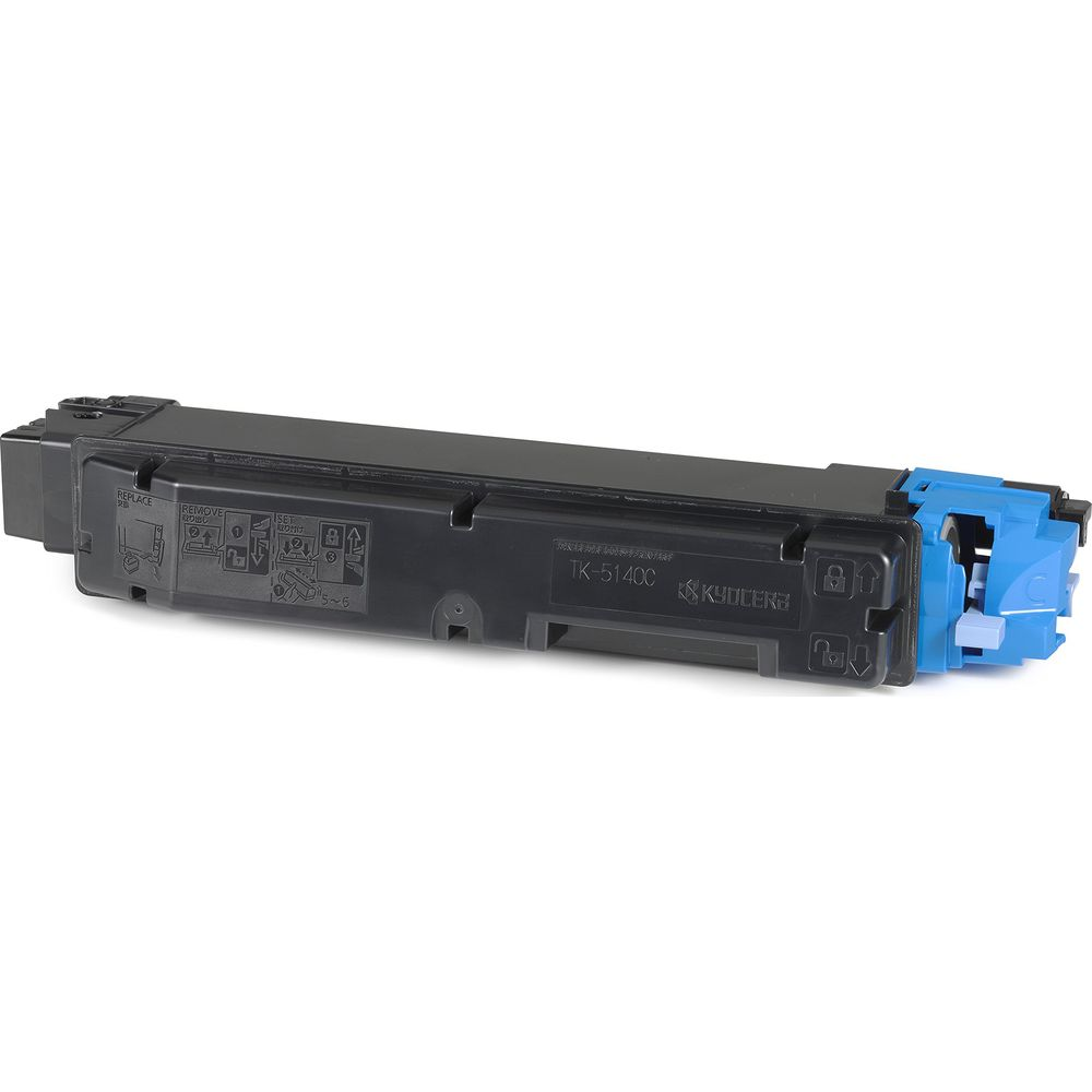 Cartouche de toner noire avec capuchons bleus et icônes d'installation.