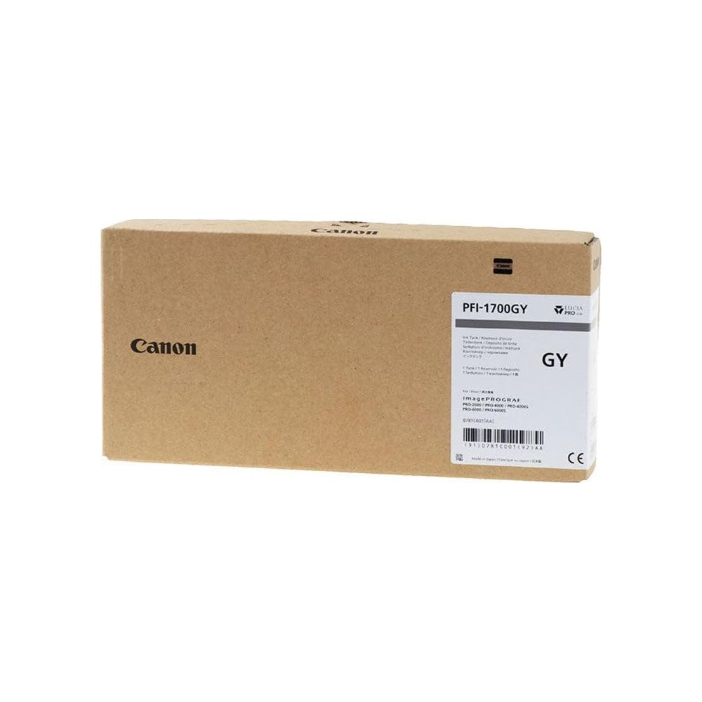 Pudełko z tuszem Canon PFI-1700GY z informacjami o produkcie i kodem kreskowym.