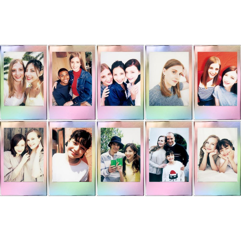 Diez fotos de gente joven sonriendo y posando. Las fotos tienen un borde colorido.