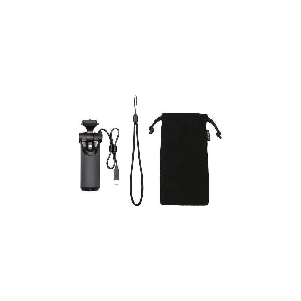 Un agarre de cámara negro con cable USB y bolsa.