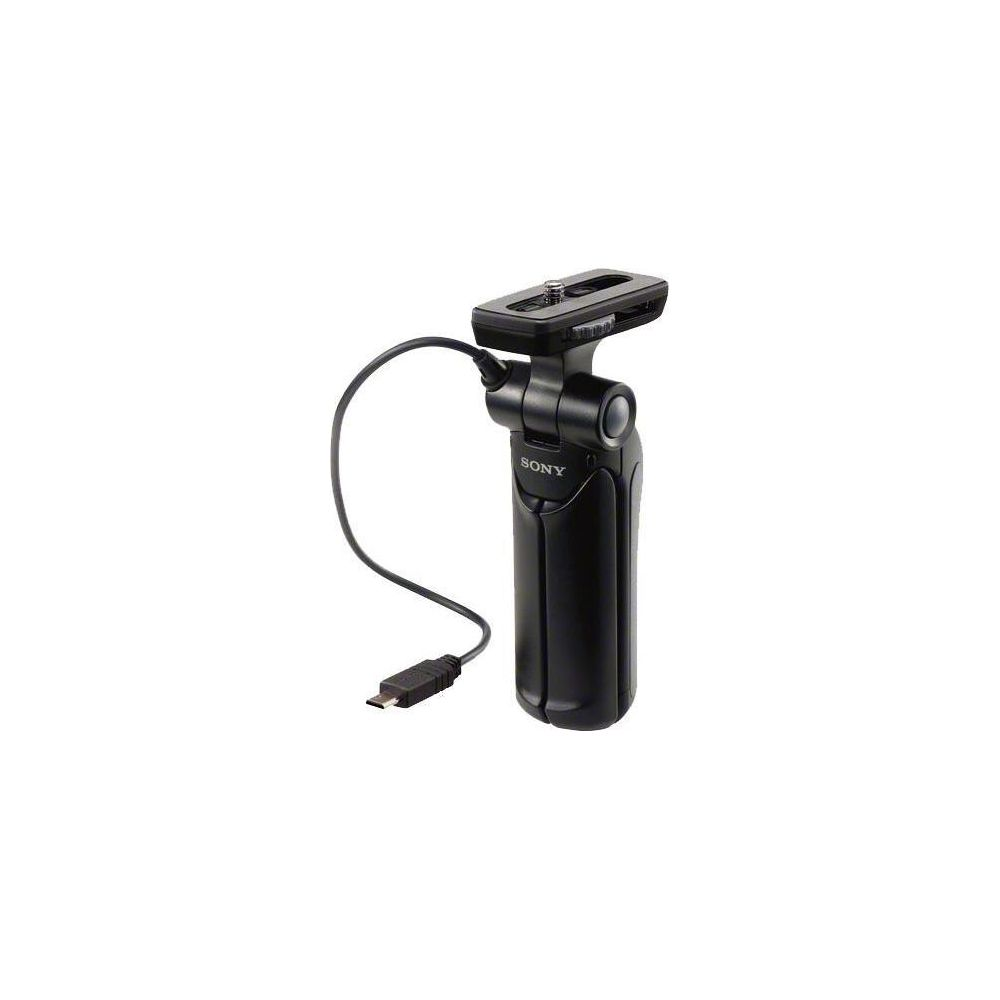 Empuñadura de cámara Sony negra con cable y conector USB.