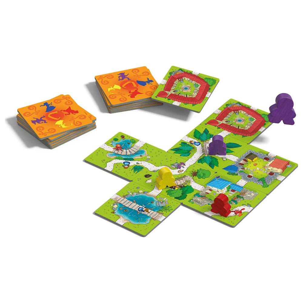 Bunte Spielbrett-Kacheln mit Figuren und Drachenkarten.