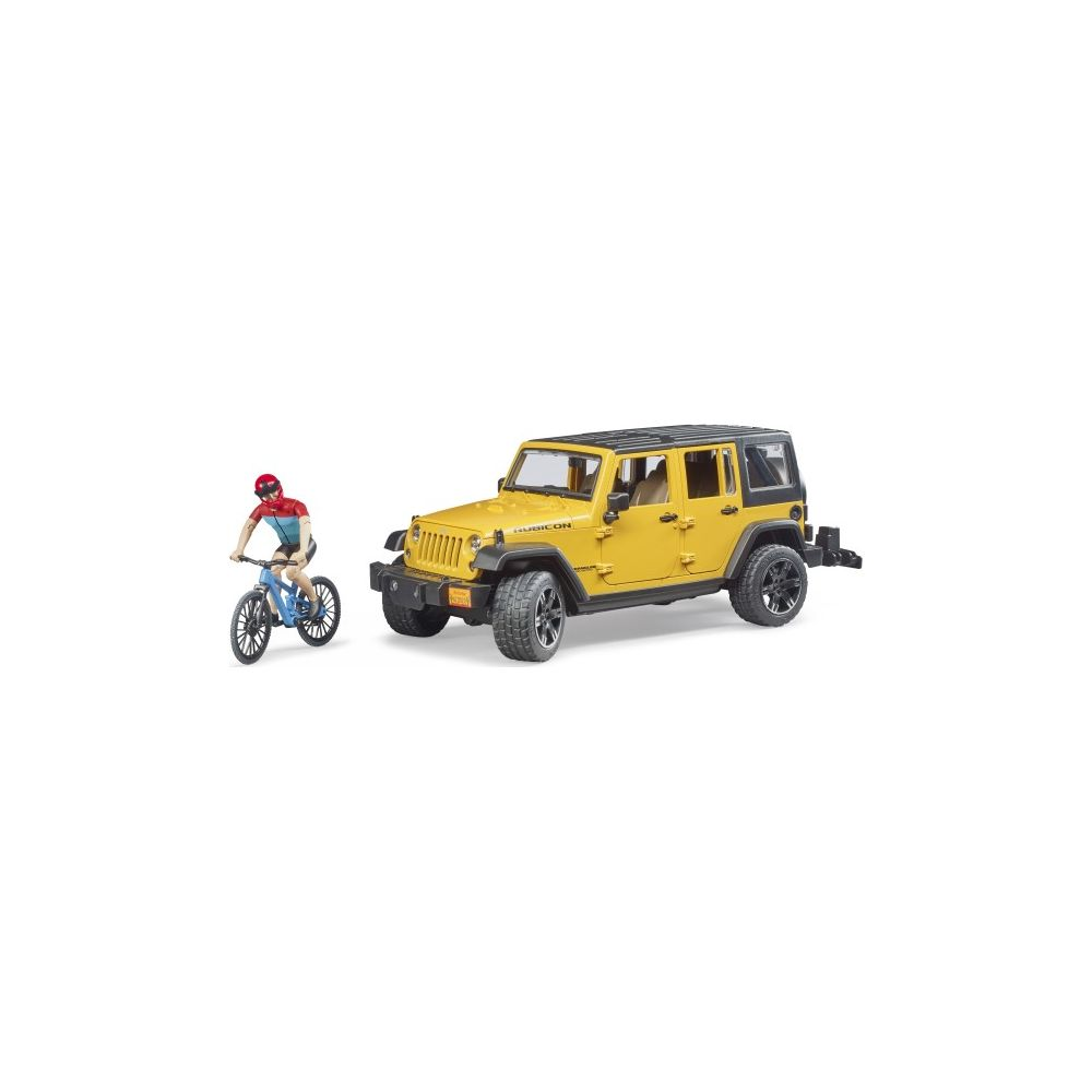 Ein gelber Jeep Wrangler neben einem Radfahrer auf einem blauen Fahrrad.