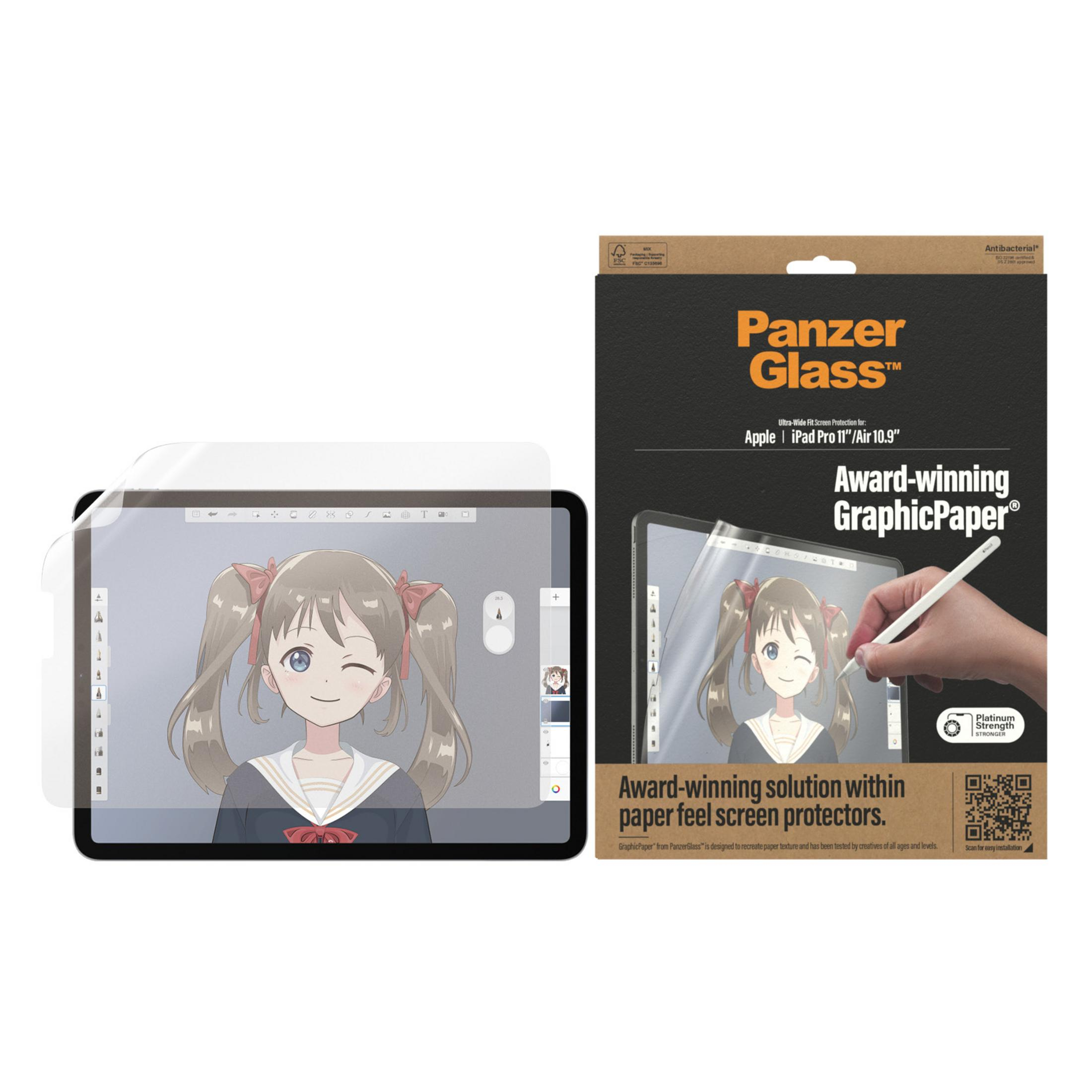 Tablet wyświetlający anime dziewczynę obok opakowania Panzer Glass.