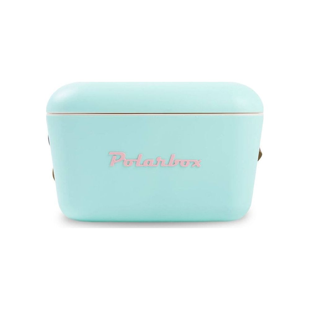 Una caja refrigeradora azul claro con el texto rosa Polarbox.
