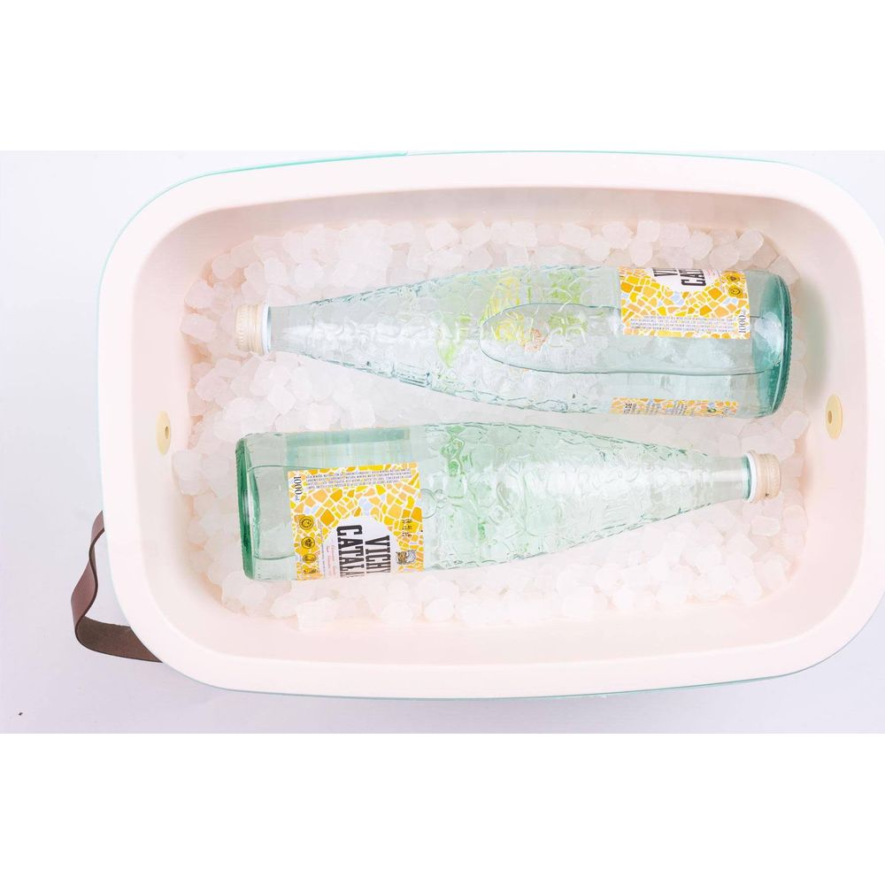 Dos botellas de vidrio de Vichy Catalan en una nevera llena de cubitos de hielo.