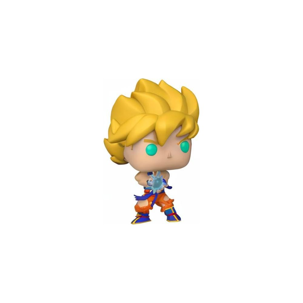Una figura Funko Pop di Goku con capelli gialli che tiene una sfera di energia blu.