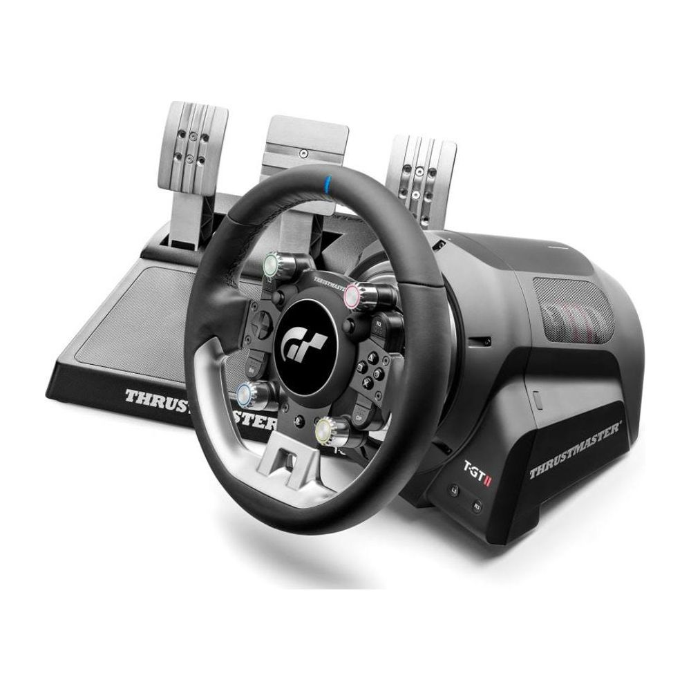 Ein schwarzes Rennlenkrad mit Pedalen und dem Thrustmaster-Logo.