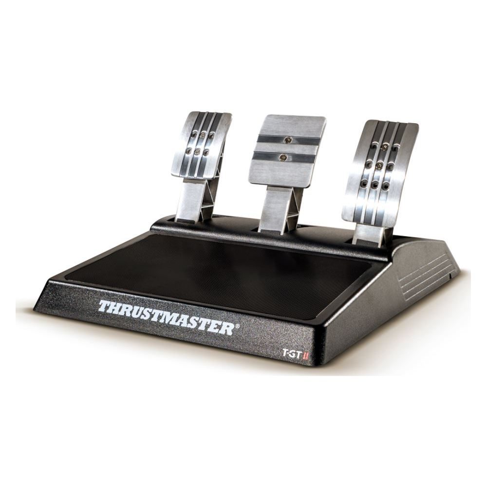 Ein schwarzer Thrustmaster T-GT II Pedal-Set mit drei silbernen Pedalen auf einer schwarzen Basis.