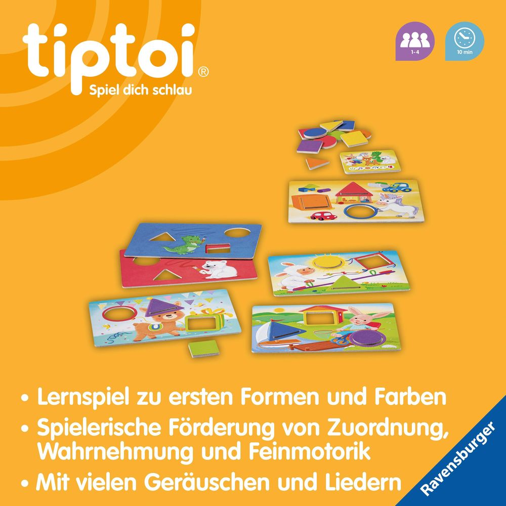 Gioco educativo Tiptoi con pezzi di puzzle colorati e animali su sfondo giallo.