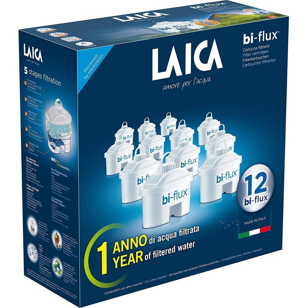 Caja de 12 filtros de agua LAICA bi-flux blancos, con información de filtración.
