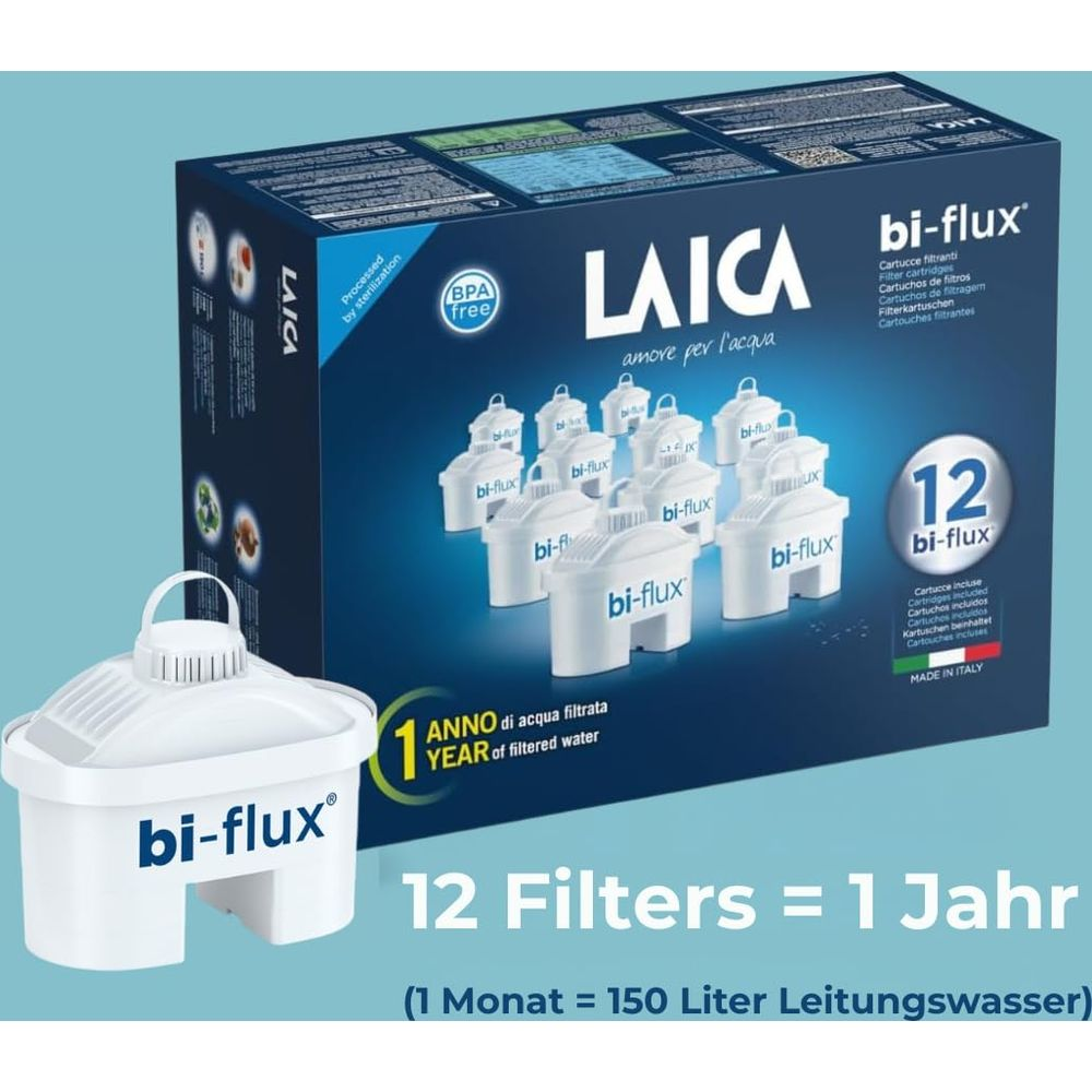 Filtri acqua LAICA bi-flux: 12 filtri per 1 anno, senza BPA, made in Italy.
