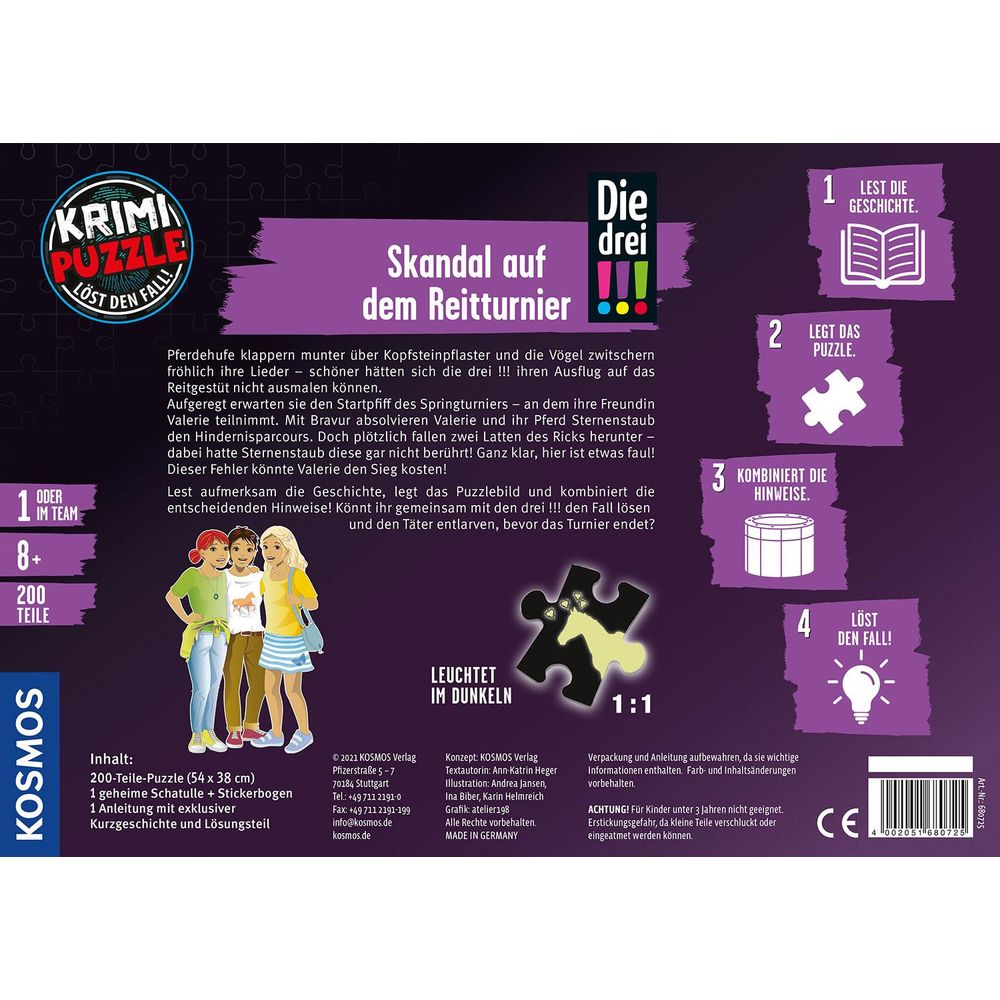 Krimipuzzle-Box mit Illustration von drei Mädchen, Puzzle-Teilen und Anleitung.