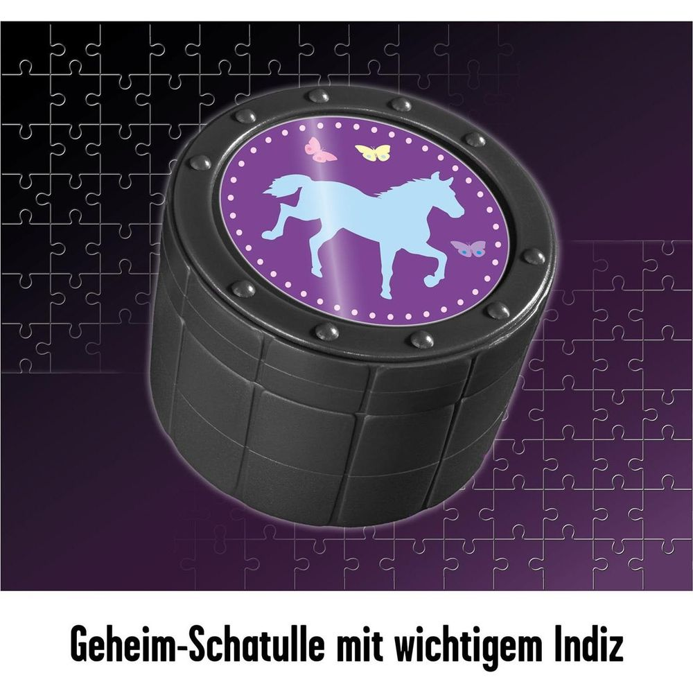 Schwarze Geheimschatulle mit lila Deckel, Pferd und Schmetterlingen.