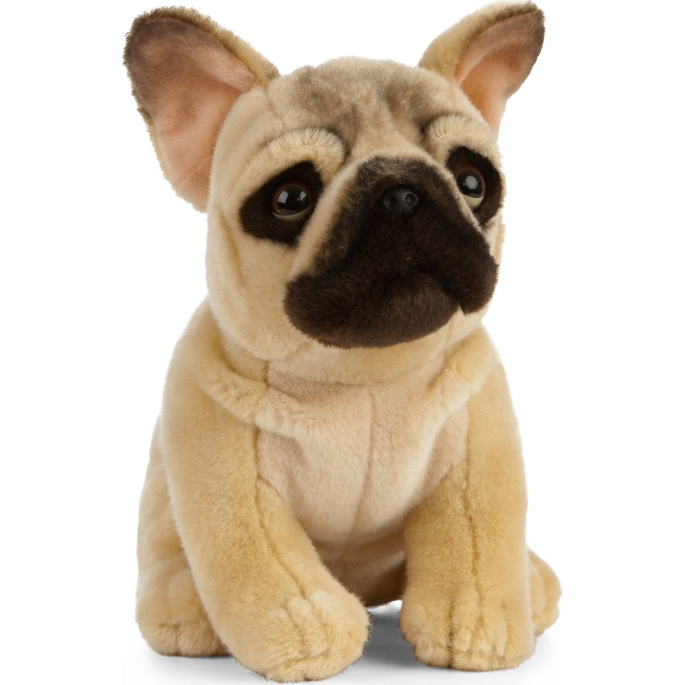 Un bulldog francese di peluche beige con muso scuro seduto guarda avanti.