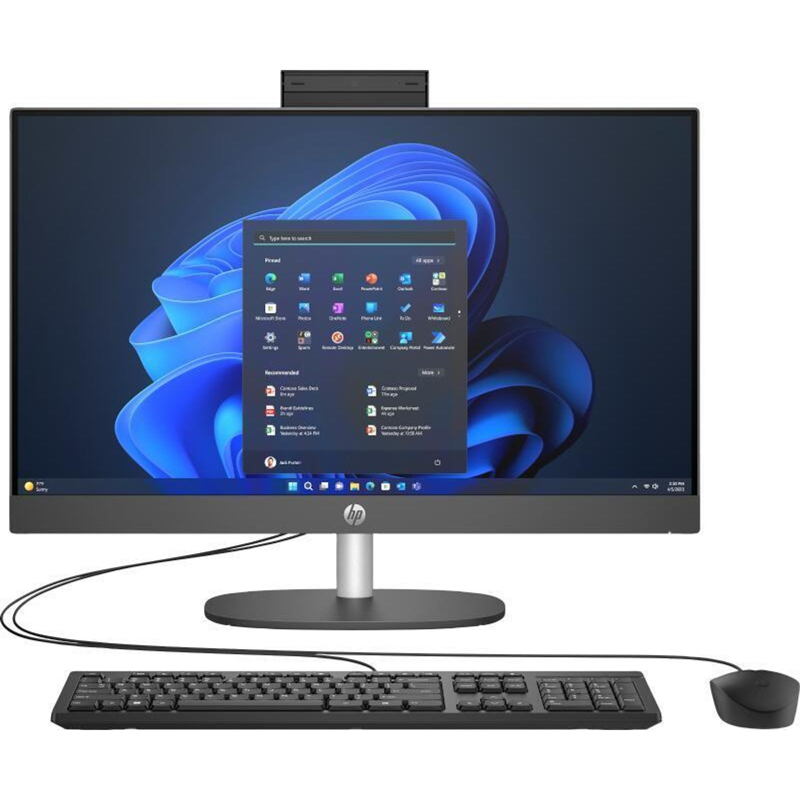 Un computer all-in-one con un grande schermo che mostra il menu Start di Windows 11.