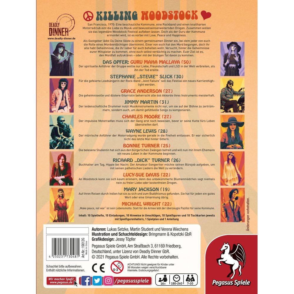 Ein Brettspielcover mit dem Titel 'Killing Woodstock'. Es zeigt eine bunte Collage aus Bildern von Personen und Text.