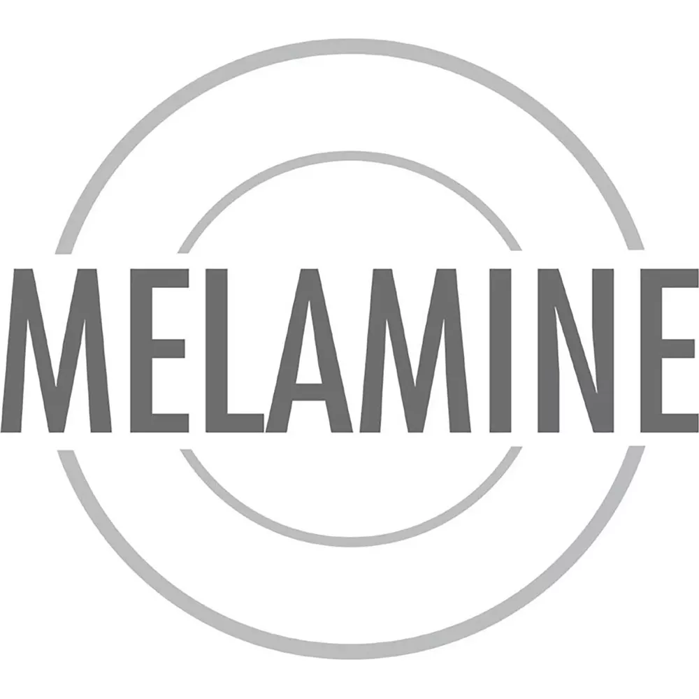 Grauer Text MELAMINE über zwei grauen konzentrischen Kreisen.