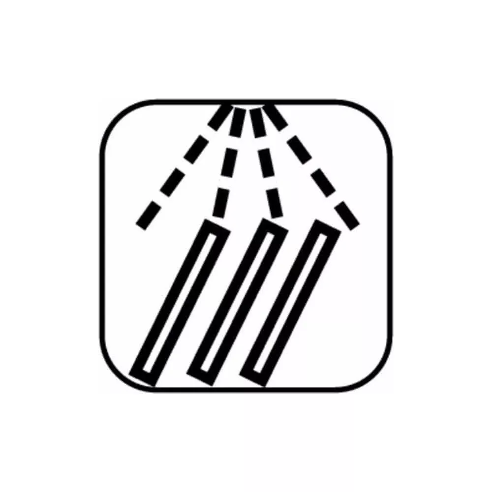 Symbol zeigt drei parallele Linien, die Flüssigkeit sprühen, in einem abgerundeten Quadrat.