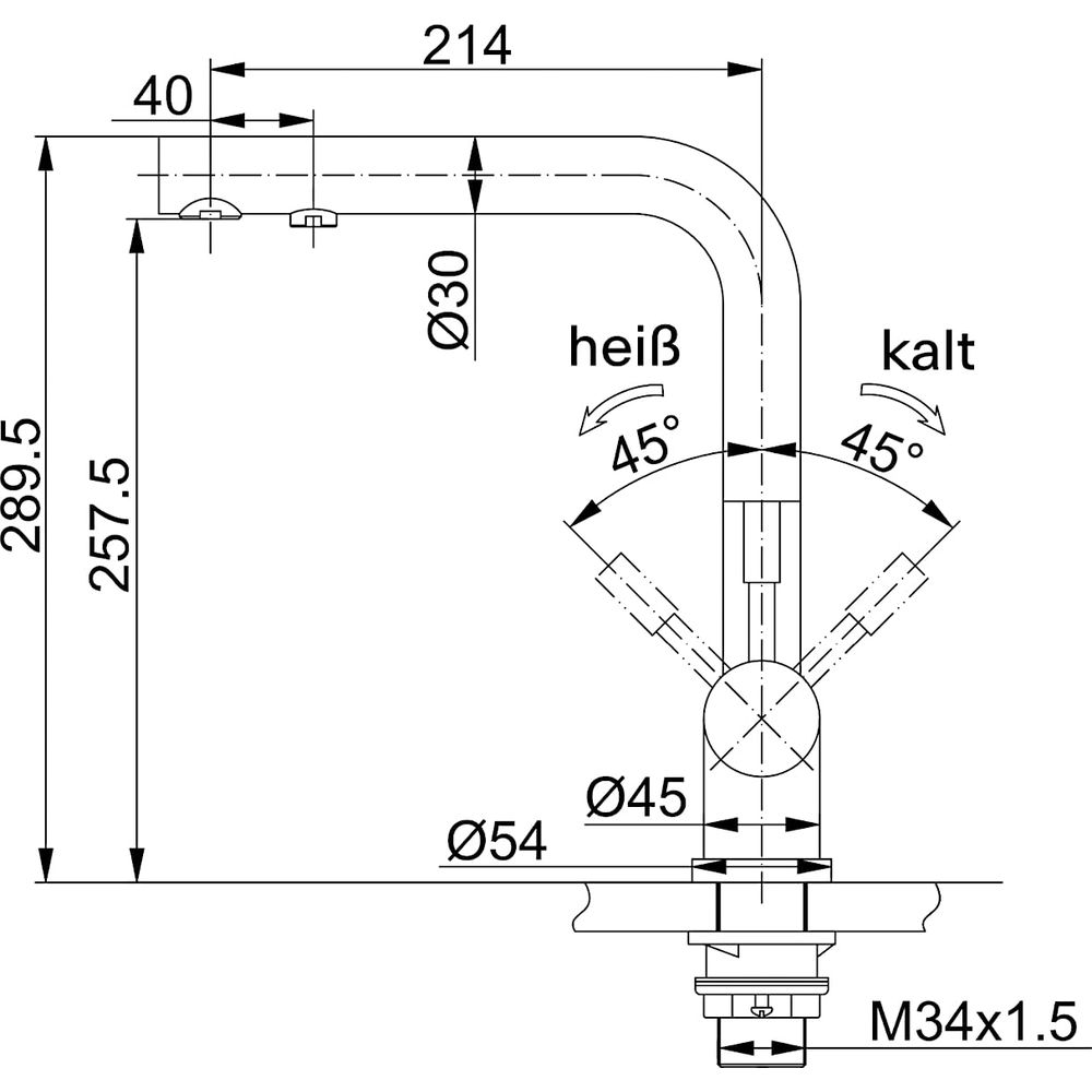 Disegno tecnico di un rubinetto con dimensioni e angoli.