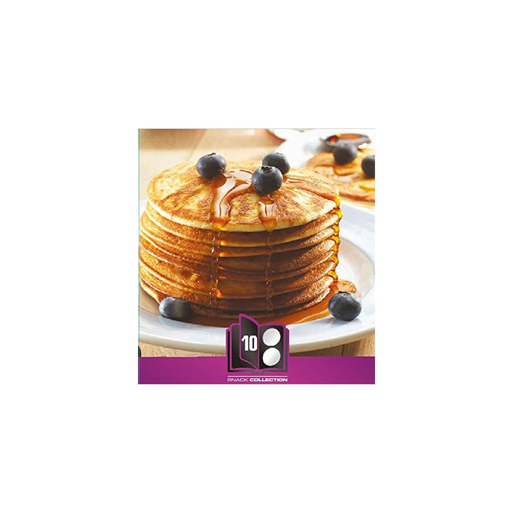A stack of pancakes with syrup and blueberries, on a white plate.