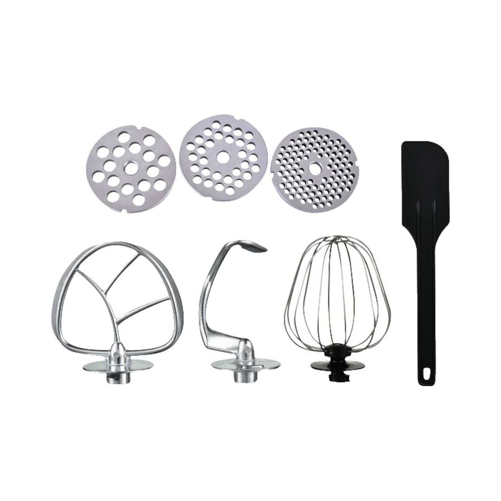 Accessori mixer: frusta piatta, gancio impasto, frusta a filo e dischi tritacarne.