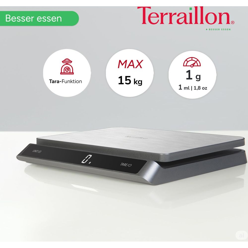 Bilancia da cucina digitale grigia con funzione tara, capacità 15kg/1g.