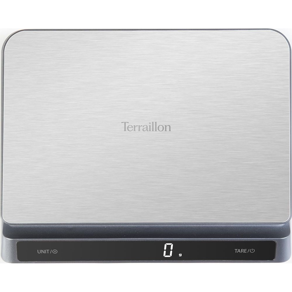 Una bilancia da cucina digitale in metallo spazzolato con display scuro che mostra 0g.