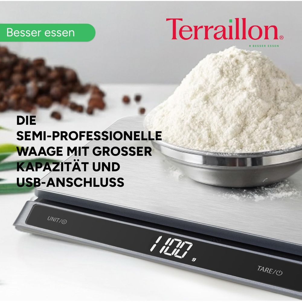Bilancia da cucina con ciotola di polvere e chicchi di caffè. Display: 1100g.