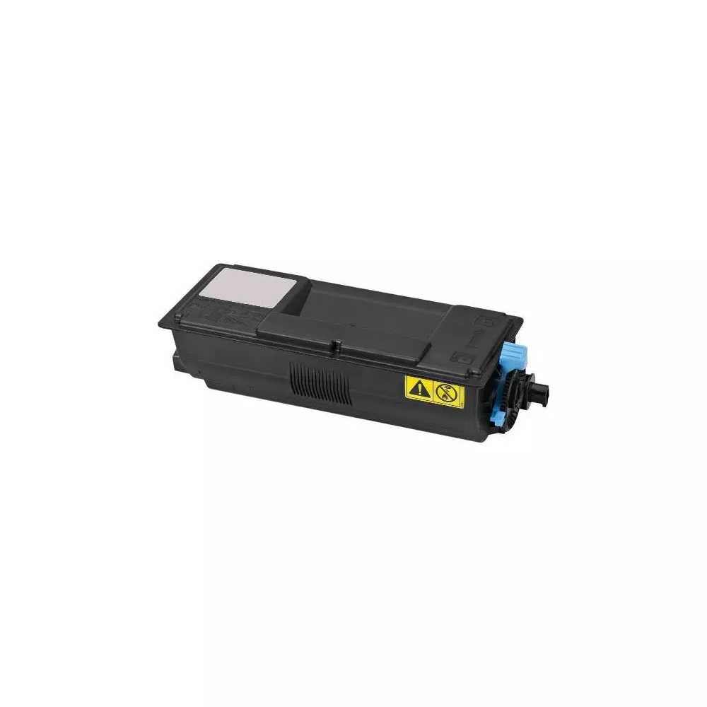 Cartuccia toner nera con leva blu e simboli di avvertenza su sfondo bianco.