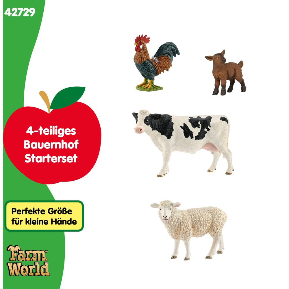 Animaux de ferme jouets : coq, chèvre, vache et mouton sur fond blanc.