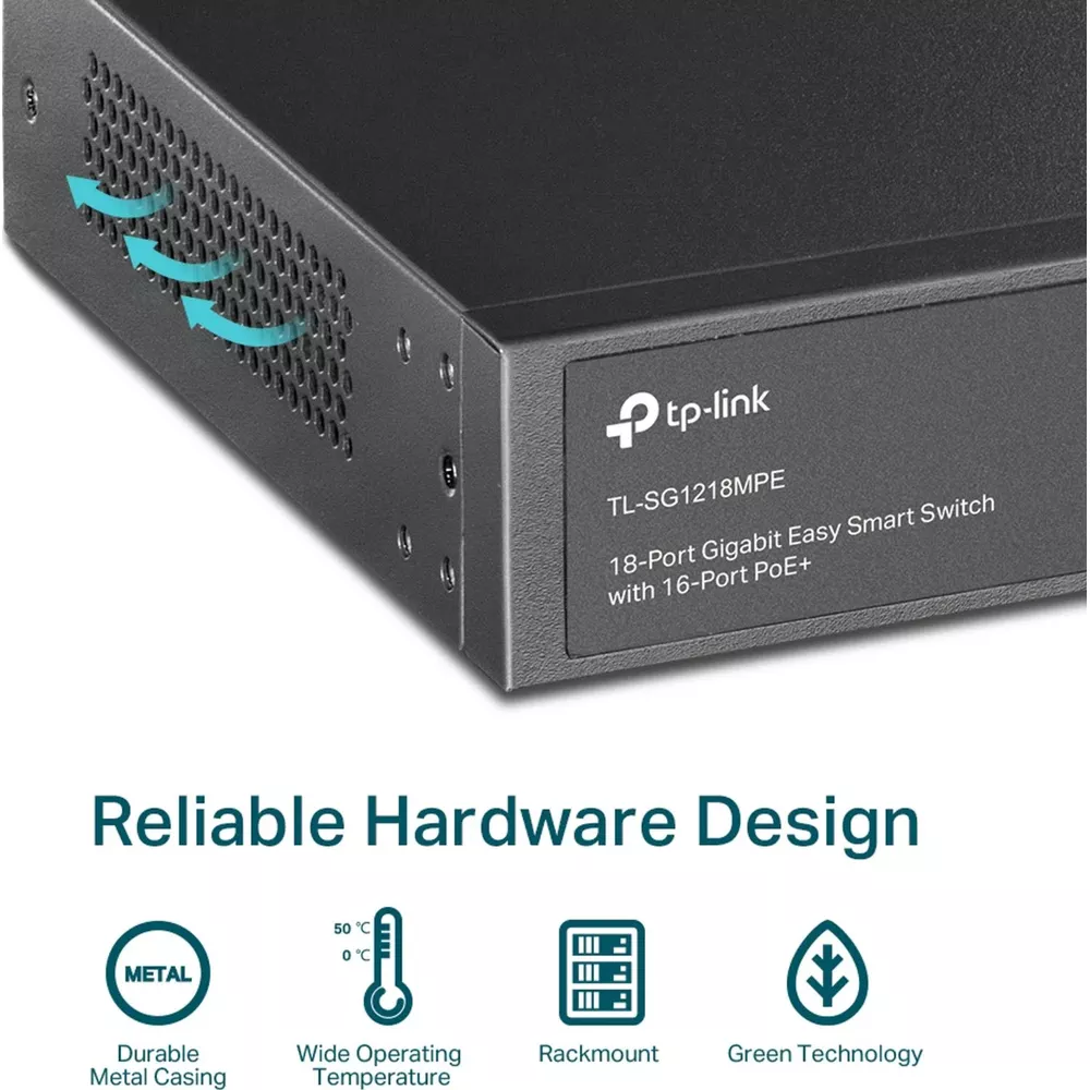 Switch TP-Link avec aérations et icônes métal, température, rack.