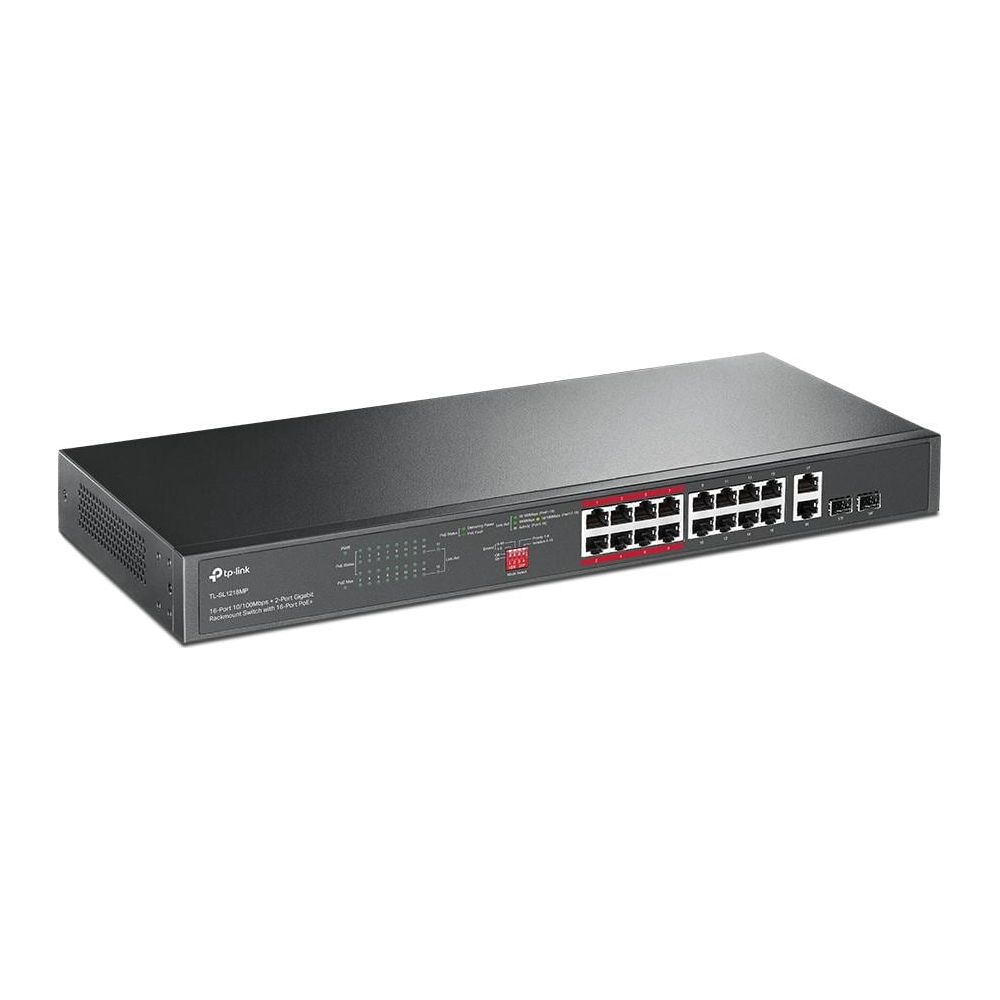 Schwarzer TP-Link Netzwerk-Switch mit 16 Ports und Statusleuchten.
