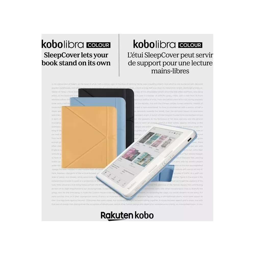 Mavi ve sarı SleepCover'lı bir Kobo e-okuyucu, metnin yanında.