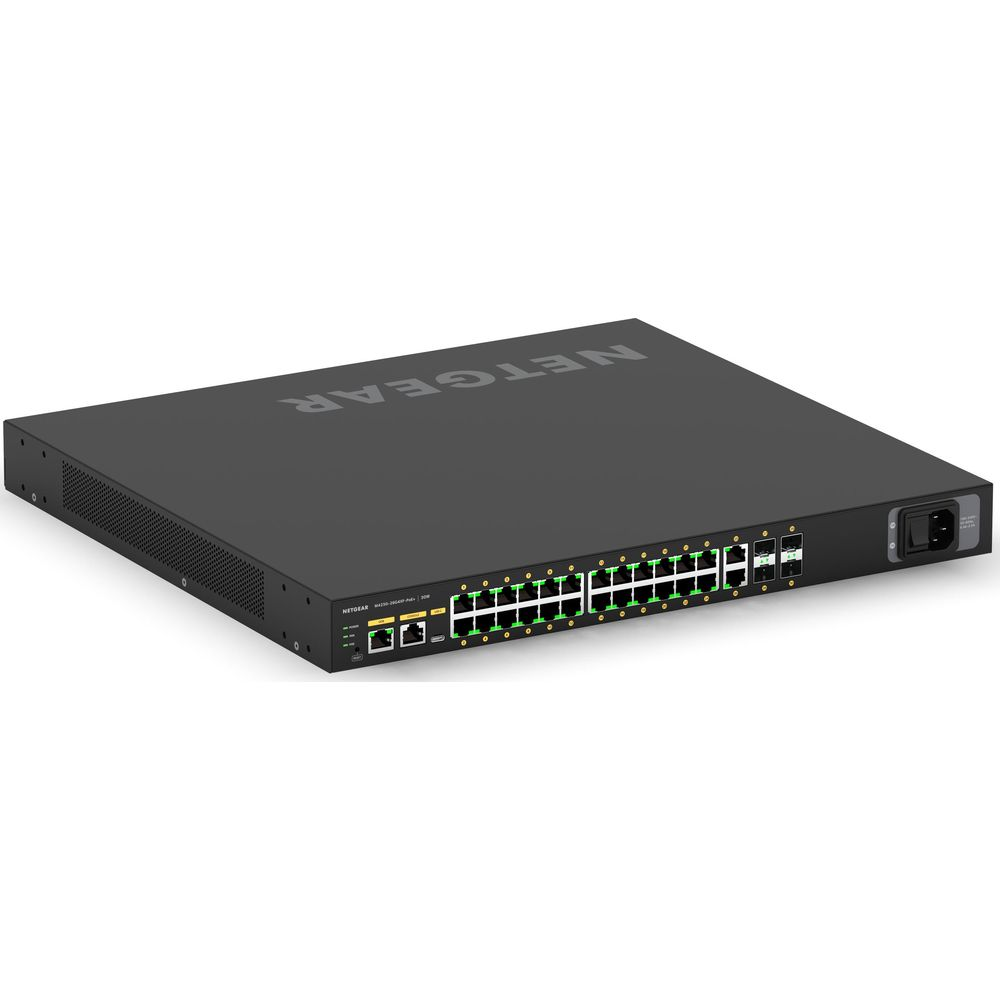 Czarny przełącznik sieciowy Netgear z wieloma portami i diodami LED.