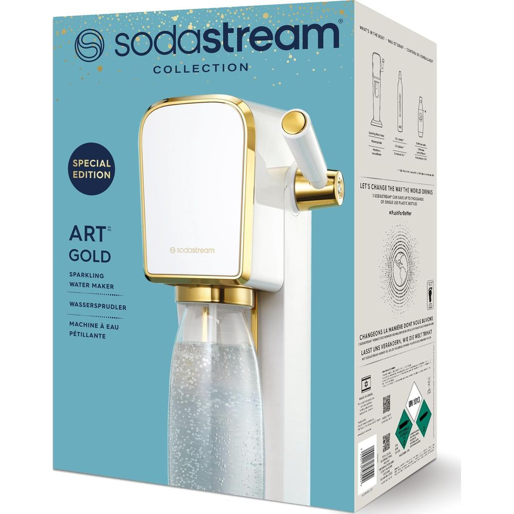 Una macchina bianca Sodastream Art Gold per acqua frizzante con accenti dorati e una bottiglia.