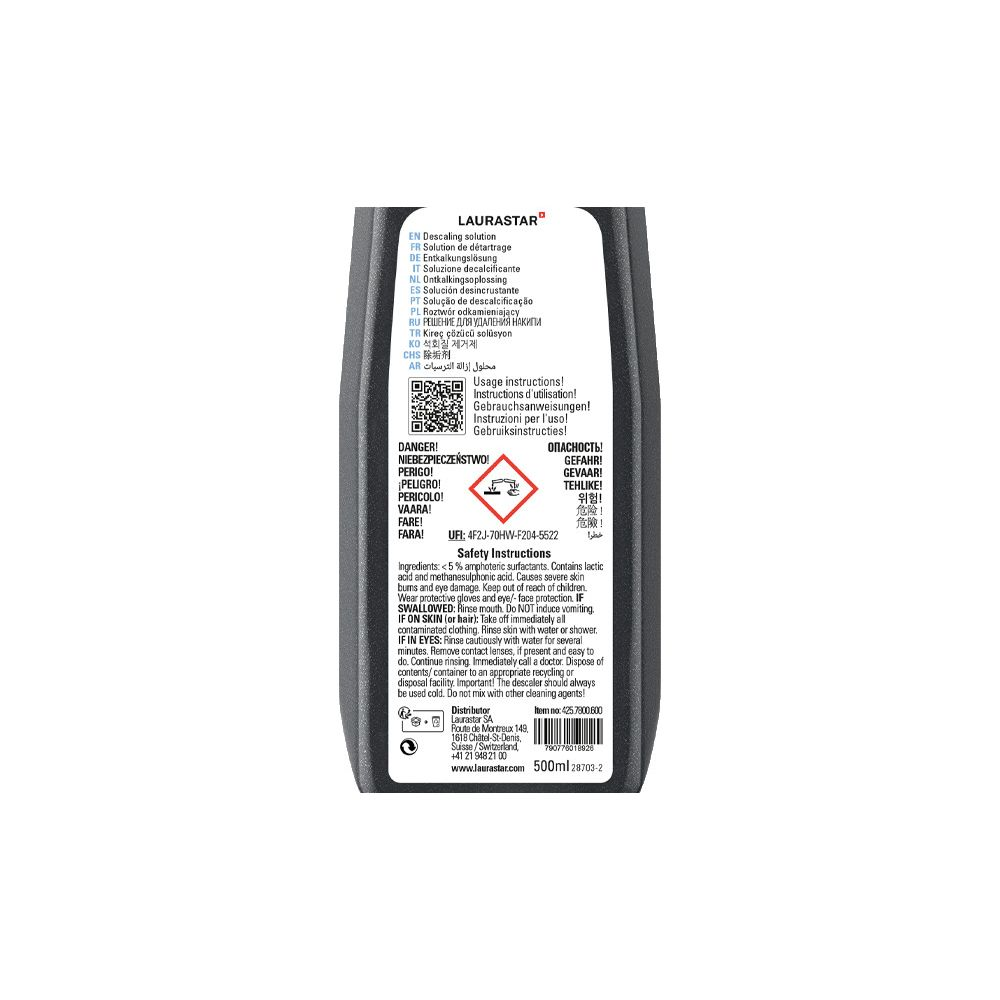 Eine Flasche mit Entkalkungslösung von Laurastar mit Sicherheitshinweisen.
