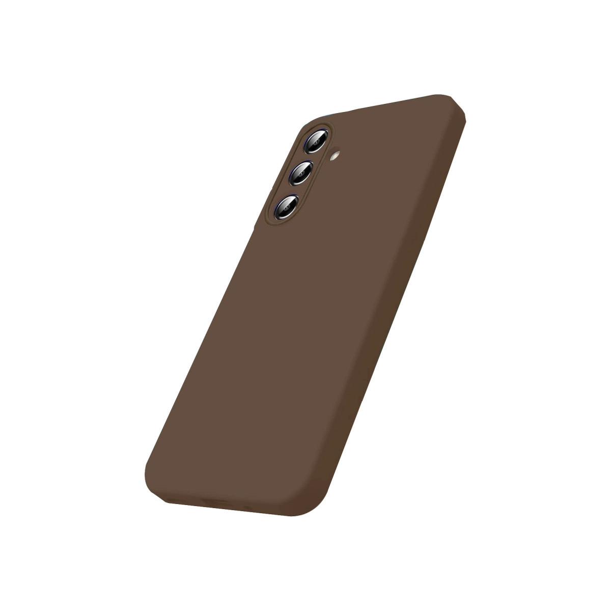 Üstte üç kamera lensli kahverengi telefon kılıfı, beyaz arka plan üzerinde.