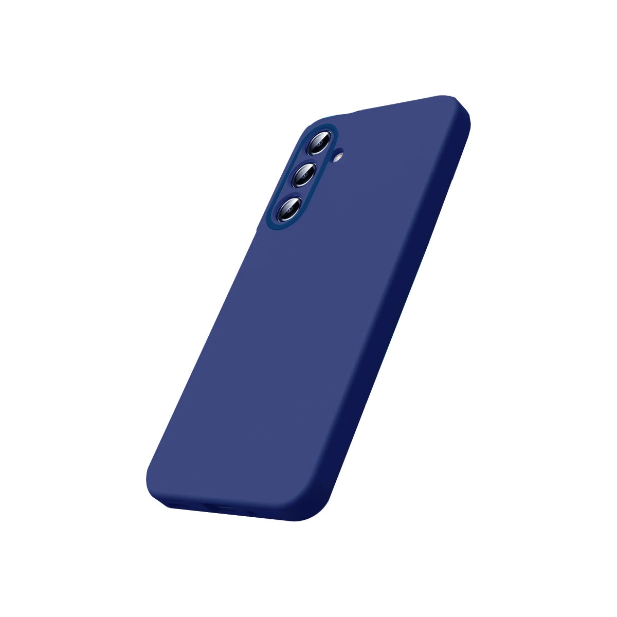 Beyaz arka plan üzerinde üç kamera lensli lacivert telefon kılıfı.