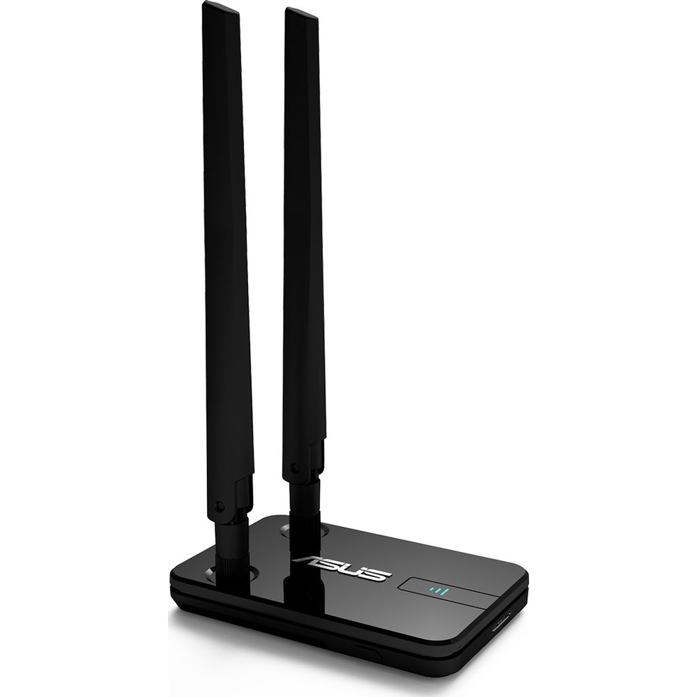 Een zwarte ASUS Wi-Fi adapter met twee antennes staat op een witte achtergrond.