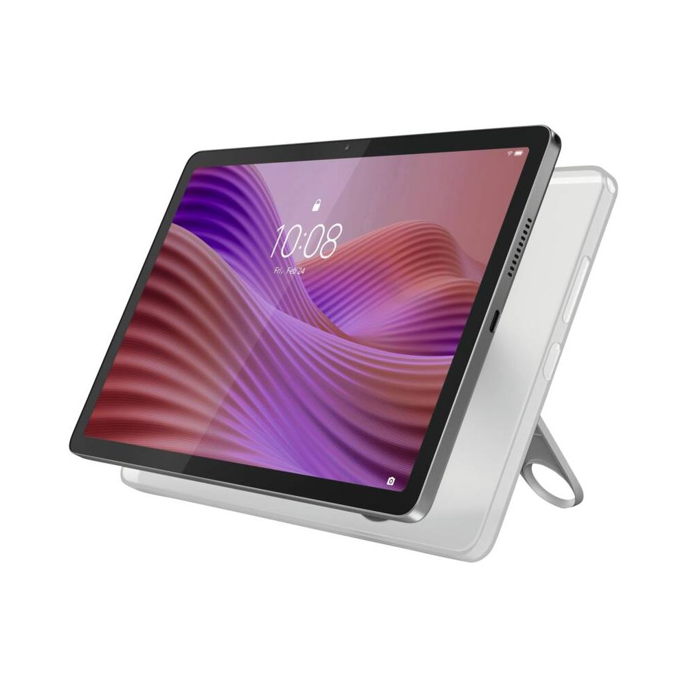 Ein silbernes Tablet mit lila abstraktem Hintergrund steht auf seinem Ständer.