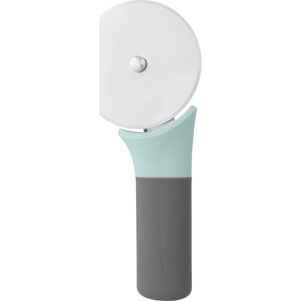 Gray pizza cutter with a mint green handle and stainless steel blade.