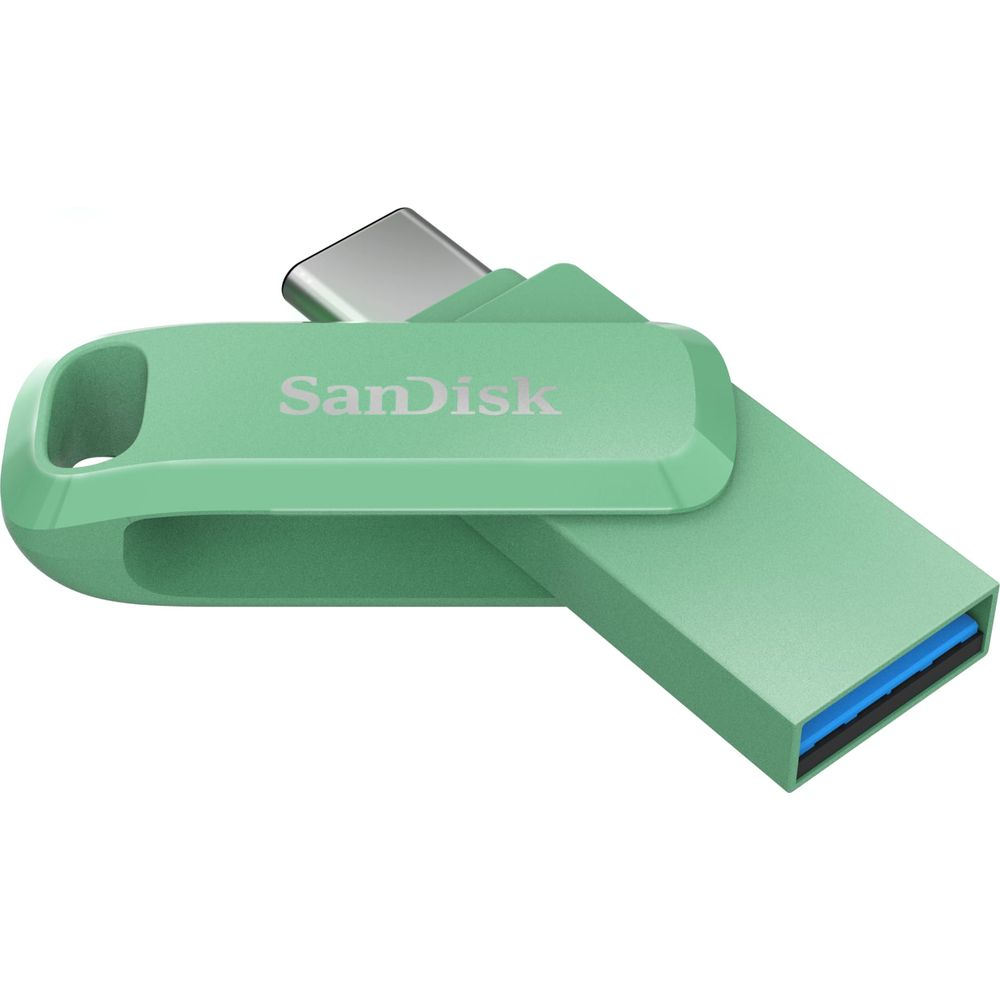 Una chiavetta USB SanDisk verde con connettore argentato.
