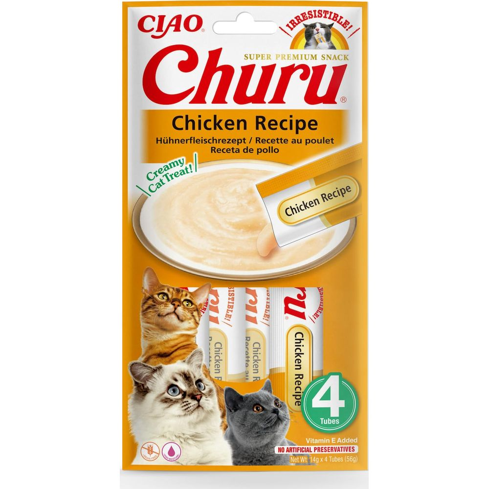 Paquete de golosinas para gatos Churu Pollo con tres gatos y pasta cremosa.