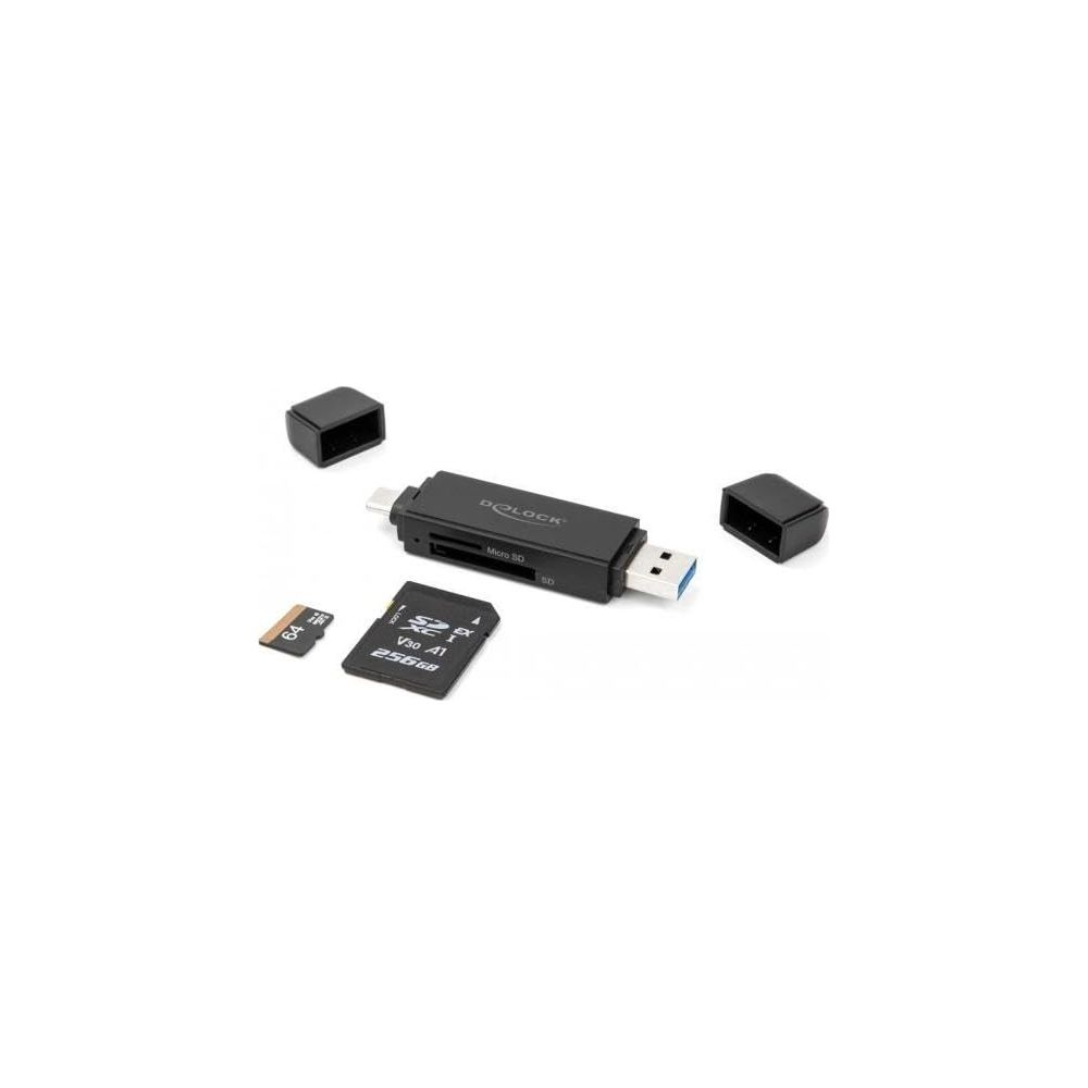 Schwarzer Delock Kartenleser mit USB-A-Anschluss und zwei SD-Karten, 64 GB und 256 GB.