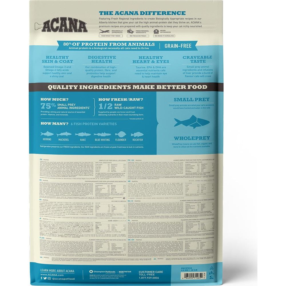 Bolsa de comida para mascotas Acana con detalles de ingredientes, fuentes de proteína y variedades de pescado.