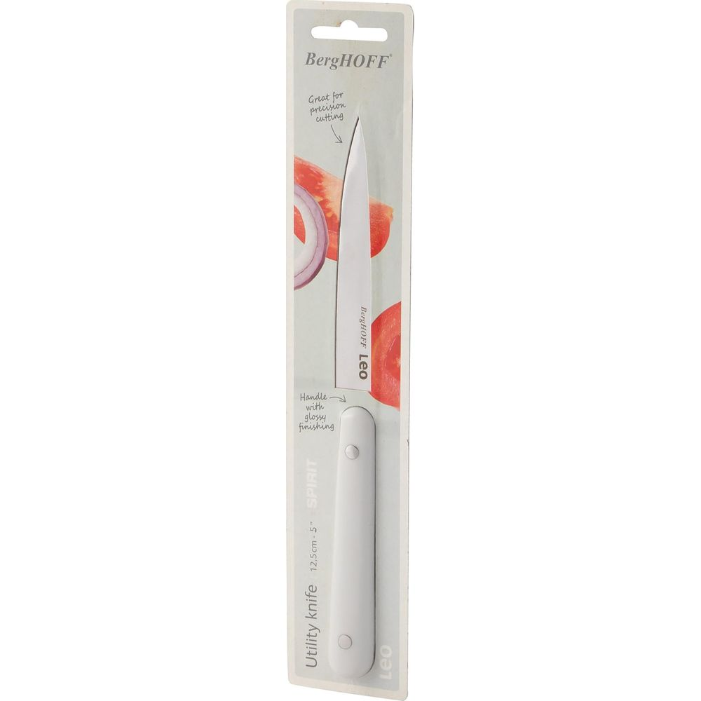 BergHOFF utility mes verpakking met witte handgreep en zilverkleurig blad, met gesneden tomaat en ui.