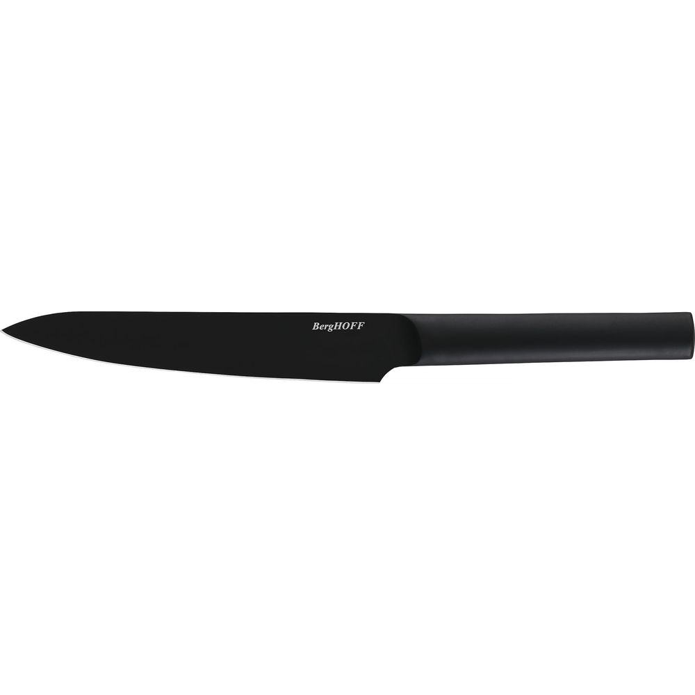 Black knife with a flat handle and pointed blade, BergHOFF brand.