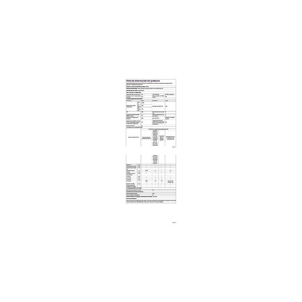 Eine Produktinformationsblatt mit technischen Daten und Energieeffizienzklassen.